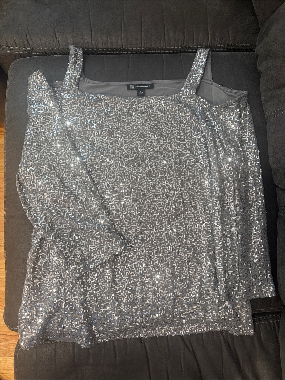 INC International Concepts Silver Sequin Cold-Shoulder Tunic Top